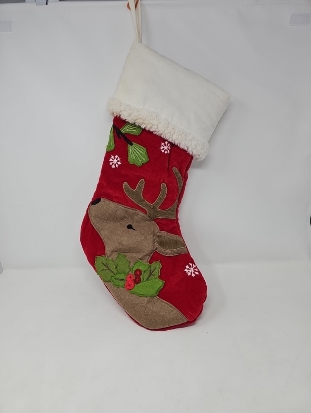 Pottery Barn Red Reindeer Christmas Stocking with White Cuff